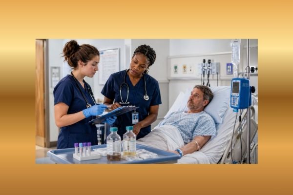 Nurses reviewing an empiric antibiotic therapy order with culture tubes, IV infusion equipment, and a patient in a hospital room.