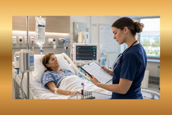 Nurse reviewing vancomycin IV therapy, lab timing, and blood specimen monitoring for a patient in a hospital room.