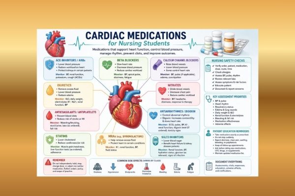Educational infographic showing cardiac medication classes, nursing safety checks, monitoring priorities, side effects, and patient education for nursing students.
