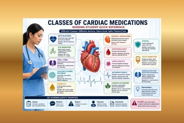 Educational infographic showing major classes of cardiac medications, nursing monitoring priorities, safety checks, and documentation reminders for nursing students.