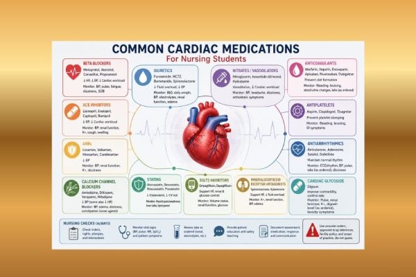 Educational infographic showing common cardiac medications, drug classes, nursing monitoring checks, safety reminders, and documentation priorities for nursing students.