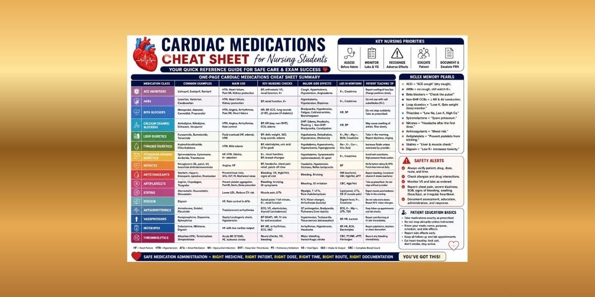 Cardiac Medications Cheat Sheet for Nursing Students