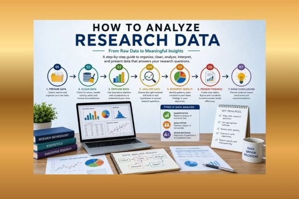 Infographic showing the step-by-step research data analysis process from preparing and cleaning data to analyzing, interpreting, presenting findings, and drawing conclusions.