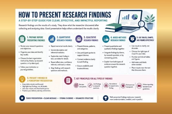 Infographic showing how to present research findings clearly using quantitative results, qualitative themes, mixed-methods findings, tables, charts, and PowerPoint slides.