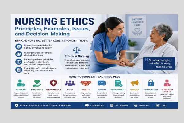 Nurse supporting a patient with nursing ethics principles including autonomy, beneficence, justice, advocacy, and confidentiality.
