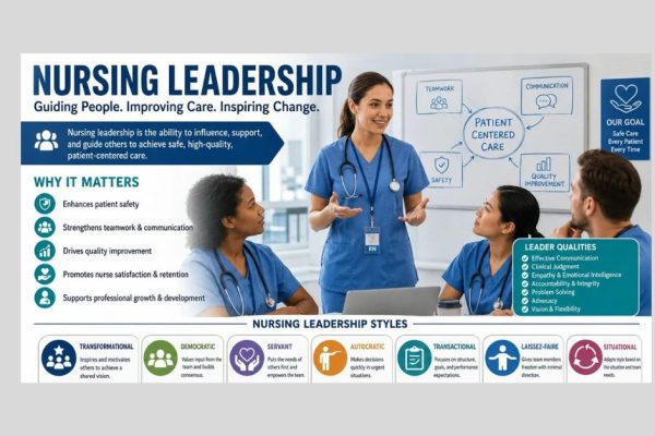Nursing leadership infographic showing nurse leader skills, leadership styles, teamwork, patient safety, communication, and quality improvement.