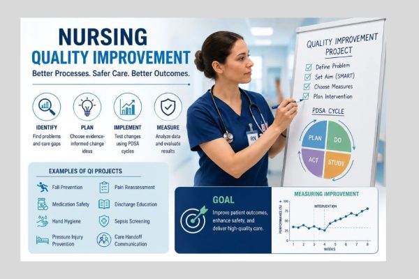 Nurse reviewing nursing quality improvement steps, PDSA cycle, QI project examples, and improvement data in a hospital setting.