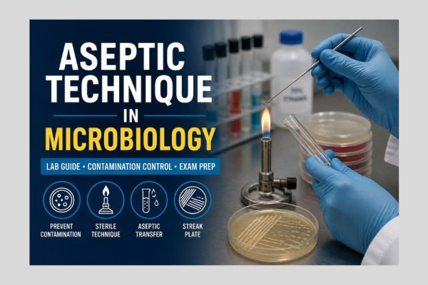 Aseptic technique in microbiology lab guide showing gloved hands, inoculating loop, Bunsen burner, test tube, and agar plates.