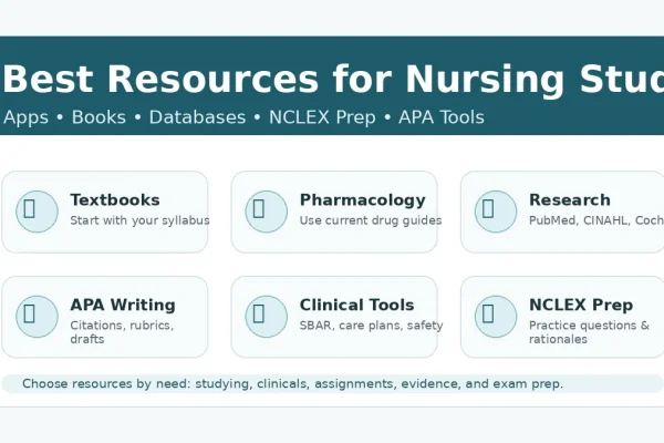 Best resources for nursing students including apps, books, databases, NCLEX prep, APA tools, and clinical study resources