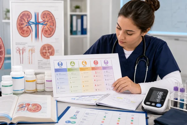 Nursing student studying a diuretic drugs list with kidney diagrams, generic medication bottles, blood pressure monitor, and electrolyte lab values.