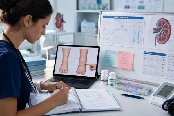 Nursing student reviewing diuretics for edema with a fluid balance chart, kidney diagram, blood pressure monitor, electrolyte lab values, and a lower-leg swelling illustration.