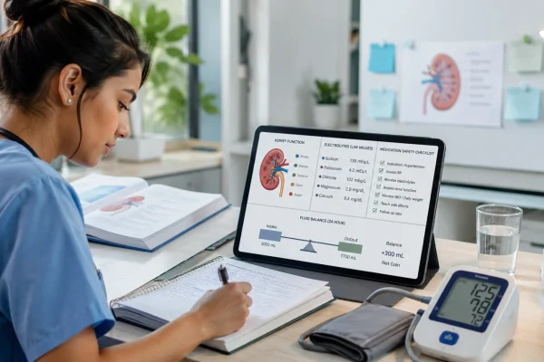 Nursing student reviewing diuretics for hypertension with a blood pressure monitor, kidney diagram, electrolyte lab values, medication checklist, and fluid balance chart.