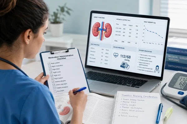 Nursing student reviewing diuretics nursing considerations with a medication checklist, kidney diagram, blood pressure monitor, intake and output chart, daily weight record, and electrolyte lab values.