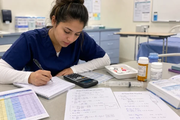 Nursing student in a clinical skills lab practicing dosage calculations with a calculator, medication worksheet, oral syringe, tablets, and IV flow-rate notes.