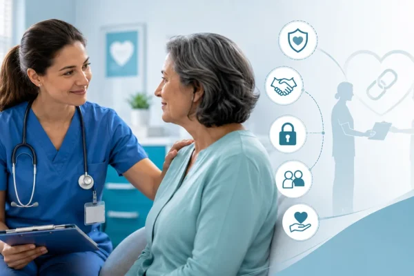 Nurse supporting a patient to show fidelity nursing ethics, trust, confidentiality, accountability, and patient advocacy in care.