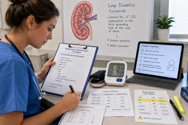 Nursing student reviewing furosemide nursing considerations with a kidney diagram, potassium lab values, blood pressure monitor, intake and output chart, daily weight record, and patient teaching notes.