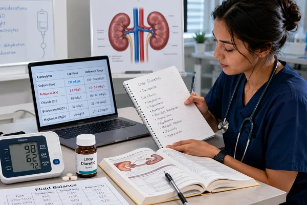 Nursing student reviewing furosemide side effects with a kidney diagram, potassium and sodium lab values, blood pressure monitor, fluid balance chart, and loop diuretic medication bottle.