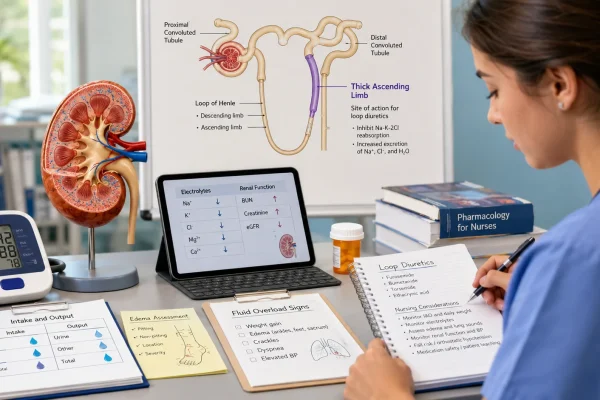 Nursing student studying loop diuretics with a kidney model, loop of Henle diagram, blood pressure monitor, fluid overload notes, and electrolyte lab values.
