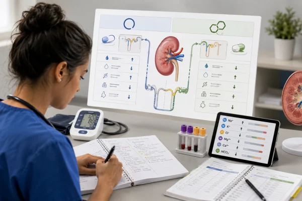 Nursing student comparing loop and thiazide diuretics with nephron sites, kidney diagram, blood pressure monitor, electrolyte lab values, and medication notes.