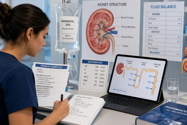 Nursing student studying osmotic diuretics with a mannitol IV bag, kidney diagram, fluid balance chart, electrolyte lab values, and renal tubule water movement.