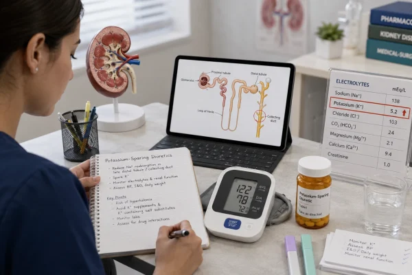 Nursing student studying potassium-sparing diuretics with a kidney model, collecting duct diagram, potassium lab values, blood pressure monitor, and medication bottle.