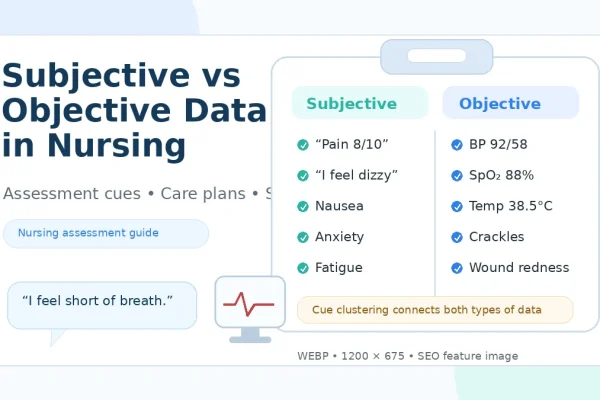 Subjective vs objective data nursing examples showing patient-reported symptoms and measurable assessment findings