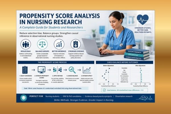 Propensity score analysis in nursing research showing a nurse reviewing data, covariate balance, matching, weighting, and outcome analysis.
