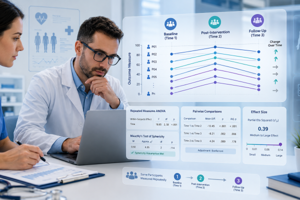 SPSS repeated measures ANOVA healthcare data analysis showing baseline, post-intervention, and follow-up results on a clinical research dashboard.