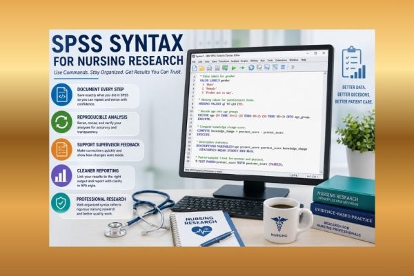 SPSS syntax for nursing research showing a syntax editor with commands for value labels, missing values, recoding, computed variables, and statistical output documentation.