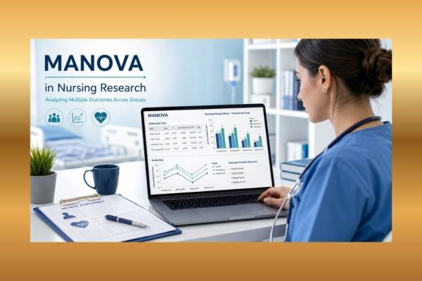 MANOVA in nursing research showing a nurse reviewing SPSS multivariate test output, group comparisons, and multiple patient outcome charts on a laptop.