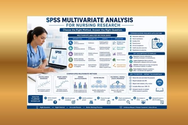 SPSS multivariate analysis for nursing research showing a nurse, decision guide, SPSS methods, assumptions, and APA reporting workflow.
