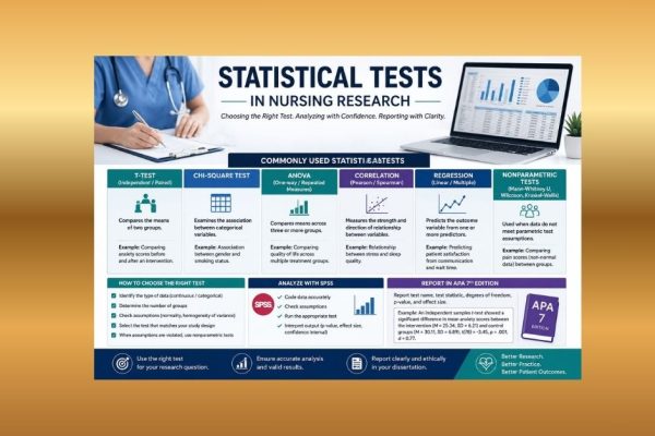 Statistical tests in nursing research infographic showing a nurse, SPSS-style data output, common tests, test selection steps, and APA 7 reporting guidance.