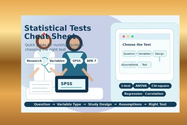 Statistical tests cheat sheet for nursing students showing a nurse, student, SPSS screen, and test-selection steps from research question to APA 7 reporting.
