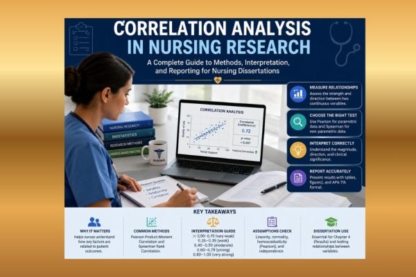 Nurse reviewing correlation analysis results on a laptop with scatterplot, correlation coefficient, p-value, and key nursing dissertation statistics concepts.