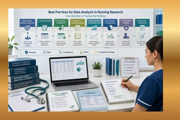 Nursing student following best practices for data analysis, including planning, data cleaning, method selection, ethical handling, and reporting.