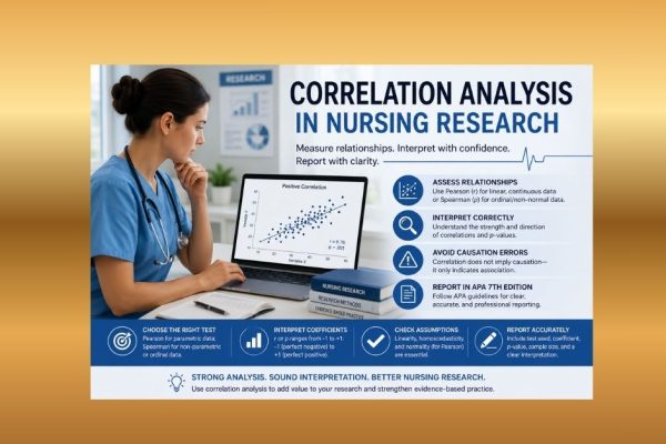 Nurse reviewing Pearson correlation analysis results on a laptop with scatterplot, Pearson’s r, p-value, assumptions, and APA reporting guidance.