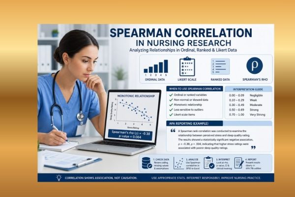 Nurse reviewing Spearman correlation analysis results on a laptop with ranked data, Likert scale ratings, Spearman’s rho, p-value, and APA reporting guidance.