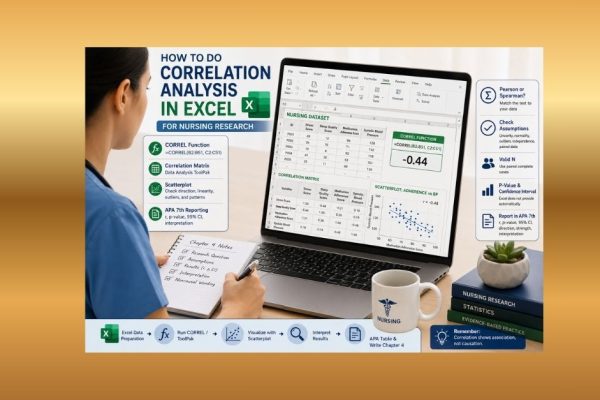 Nurse running correlation analysis in Excel with CORREL function, correlation matrix, scatterplot, p-value, confidence interval, and APA reporting guidance.