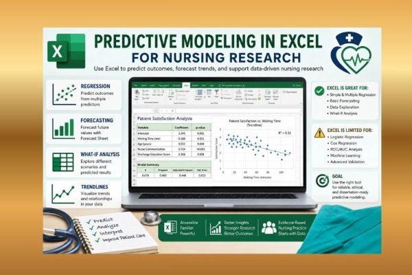 Laptop showing Excel predictive modeling dashboard with regression results, patient outcome forecast, trend charts, and nursing research tools.