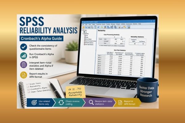SPSS reliability analysis output showing Cronbach’s alpha, item-total statistics, and APA reporting steps for nursing research