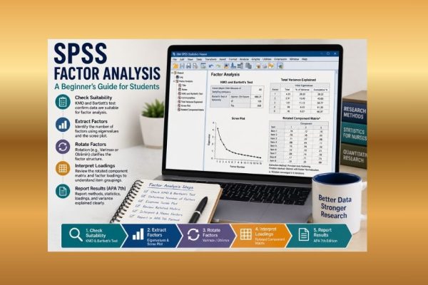 SPSS factor analysis output showing KMO and Bartlett’s test, scree plot, total variance explained, and rotated component matrix