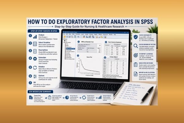 Exploratory factor analysis in SPSS output showing KMO and Bartlett’s test, scree plot, pattern matrix, and EFA reporting steps for nursing students