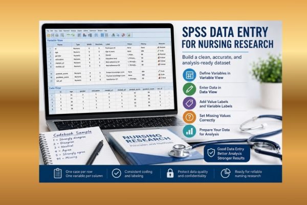 SPSS data entry for nursing research showing Variable View, Data View, value labels, missing values, and dataset preparation.
