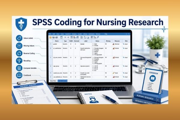 SPSS coding for nursing research showing value labels, missing values, reverse coding, recoding, computed variables, and a codebook.