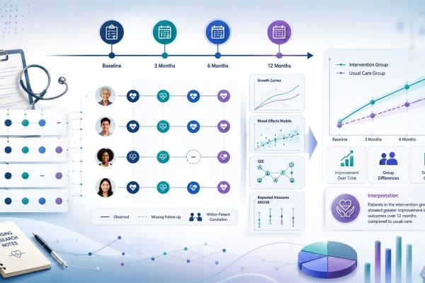 applied longitudinal data analysis workflow in nursing research showing repeated measures, time points, missing follow-up, and patient outcomes over time