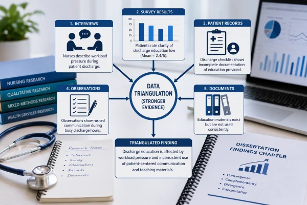 Data triangulation in nursing research showing interviews, surveys, patient records, observations, and documents connected to stronger dissertation findings.