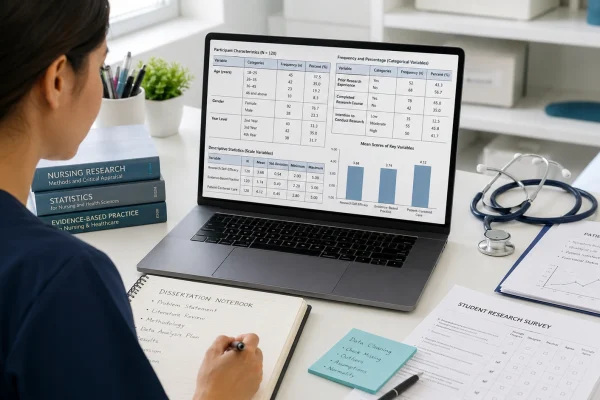Nursing student reviewing descriptive statistics, participant characteristics, survey summaries, and dissertation results.