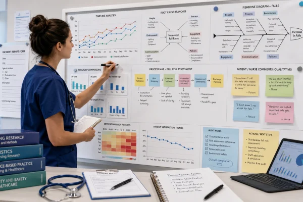 Nursing student reviewing diagnostic healthcare data analysis, root-cause patterns, trend findings, subgroup comparisons, and dissertation notes.