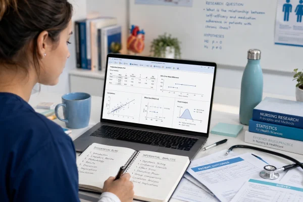 Nursing student reviewing inferential statistics, p-values, confidence intervals, effect sizes, and dissertation results.