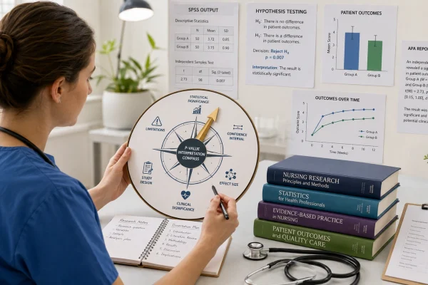 Nursing student using a p-value interpretation compass to understand statistical significance, confidence intervals, effect sizes, clinical significance, study design, and limitations.